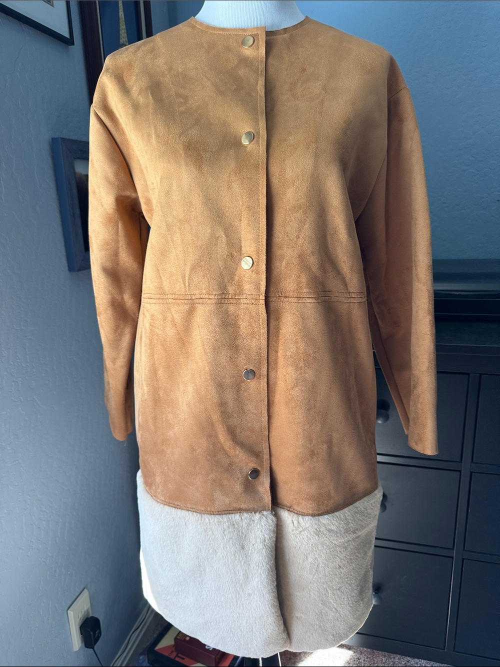 Zara Faux Suede Long Coat with Cream Shearling hem.
